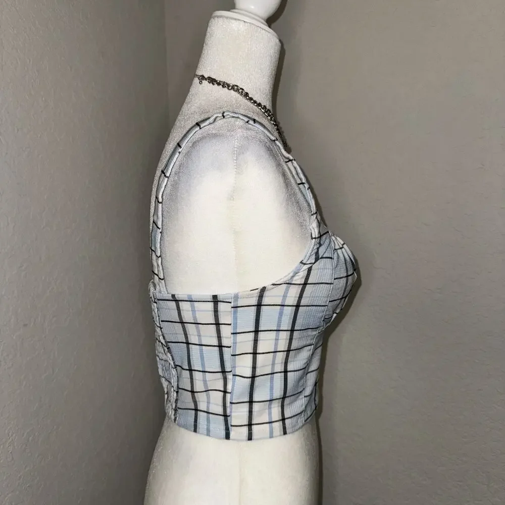 Forever 21 Crop Top Women's Small Blue Plaid Square Neck Smock Back Cottagecore - Picture 2 of 7
